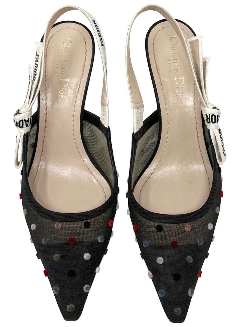 Authentic Dior Black Mesh Slingback Mules with Multicolor Dots - Size 39.5